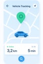 Mobile interface displaying car speed, online status, estimated arrival time, and location using real-time tracking navigation on Royalty Free Stock Photo
