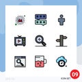 Mobile Interface Filledline Flat Color Set of 9 Pictograms of arrows, search, people, plus, video