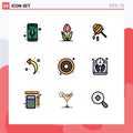 Mobile Interface Filledline Flat Color Set of 9 Pictograms of food, dessert, rose, left arrow, arrow