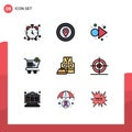 Mobile Interface Filledline Flat Color Set of 9 Pictograms of labor, labour jacket, arrow, shopping, ecommerce
