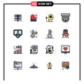 Mobile Interface Flat Color Filled Line Set of 16 Pictograms of cctv, mind, piano, knowledge, ability