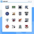 Mobile Interface Flat Color Filled Line Set of 16 Pictograms of fire, time machine, note, restore, spy ware Royalty Free Stock Photo