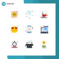 Mobile Interface Flat Color Set of 9 Pictograms of monitor, smiley, carriage, love, emot