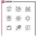 Mobile Interface Outline Set of 9 Pictograms of basic, globe, live, world, plant