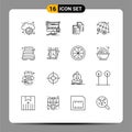 Mobile Interface Outline Set of 16 Pictograms of bathroom, dollar protection, document, cyber crime, paper