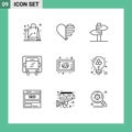 Pack of 9 Modern Outlines Signs and Symbols for Web Print Media such as beef, lorry, lines, delivery, love