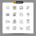 Mobile Interface Outline Set of 16 Pictograms of legal, hammer, fire fighting coat, gavel, auction