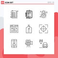 Mobile Interface Outline Set of 9 Pictograms of media, web, clip board, page, unsecured