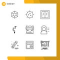 Mobile Interface Outline Set of 9 Pictograms of well, tool, germ, carpenter, window