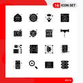 Mobile Interface Solid Glyph Set of 16 Pictograms of art, graphic, healthy, unlock, design