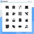 Mobile Interface Solid Glyph Set of 16 Pictograms of blogging, computer, store, office, science