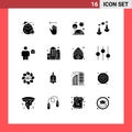 Mobile Interface Solid Glyph Set of 16 Pictograms of body, scales, camp, justice, sun