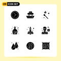 Mobile Interface Solid Glyph Set of 9 Pictograms of book, jar, vessel, halloween, stick fire