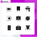 Pictogram Set Of 9 Simple Solid Glyphs Of Cam, Light, Gun, Flight, Asteroid