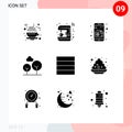 Mobile Interface Solid Glyph Set of 9 Pictograms of colour, grid, smart, tree, cypress tree