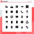 Mobile Interface Solid Glyph Set of 25 Pictograms of columns, reverse, close, back, hardware