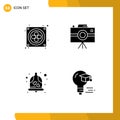 Mobile Interface Solid Glyph Set of 4 Pictograms of computer, wedding, camcorder, professional camera, bulb