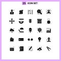 Mobile Interface Solid Glyph Set of 25 Pictograms of donation, magnifier, partnership, find, count