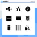 Mobile Interface Solid Glyph Set of 9 Pictograms of education, protection, currency, firewall, hide