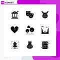 Mobile Interface Solid Glyph Set of 9 Pictograms of gift, like, rabbit, love, easter