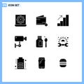 Mobile Interface Solid Glyph Set of 9 Pictograms of healthcare, surveillance, wallet, security, cam