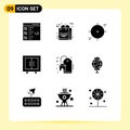 Mobile Interface Solid Glyph Set of 9 Pictograms of interior, cupboard, nature, target, reticle