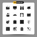 Mobile Interface Solid Glyph Set of 16 Pictograms of package, creative, binoculars, box, computing
