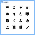 Mobile Interface Solid Glyph Set of 16 Pictograms of pin, code, hand, access, forward
