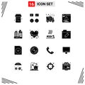 Mobile Interface Solid Glyph Set of 16 Pictograms of place, building, delivery, error, development