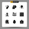 Mobile Interface Solid Glyph Set of 9 Pictograms of ruler, level, skin cleansing, worker, builder Royalty Free Stock Photo