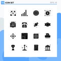 Mobile Interface Solid Glyph Set of 16 Pictograms of screen, file, globe, document, exchange