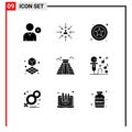 Mobile Interface Solid Glyph Set of 9 Pictograms of usa, landmark, online, building, printing