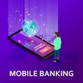 Mobile internet banking isometric. Man smartphone, money transaction technology, mobile payment e-commerce concept Royalty Free Stock Photo