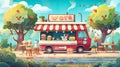 Mobile marketplace or fastfood restaurant with coffee and hamburgers for street market. Cartoon modern illustration set Royalty Free Stock Photo