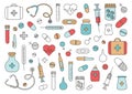 Mobile medicine, medical research. Hand drawn icons. Vector