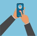 Mobile medicine, mhealth, online doctor. Hand holding smartphone with medical app. Vector flat illustration.
