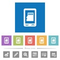 Mobile memory card flat white icons in square backgrounds