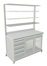 Mobile metal medical supply cabinet with solid and wire mesh shelves, 3d illustration