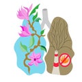 illustration of human lungs (blue, dirty gray) with magnolia flowers. Human organs, healthy lungs, nature protection.