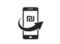 Mobile money icon. israeli shekel sign and transfer arrow on mobile phone. financial and smartphone payment symbol