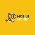 Mobile money payment logo. A phone with dollar gold coins.