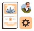 Mobile music app interface with nature artwork, a user avatar, and settings gear emphasizing functionality Royalty Free Stock Photo