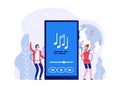 Mobile music concept. People listen songs online vector illustration. Music application, entertainment, audio playlist