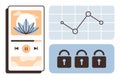 Mobile music player, statistical graph, and secure locks representing data security and analytics Royalty Free Stock Photo