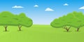 Nature landscape. Cartoon park background with green grass, trees and blue sky. Vector illustration