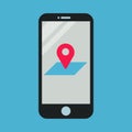 Mobile navigation icon, map and red pinpoint on smartphone, vector, illustration