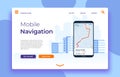 Mobile navigation landing page, smartphone with GPS application on screen. Map route with location mark