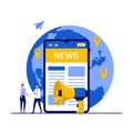 Mobile news app, digital worldwide media, internet press release concept with characters. People standing near big smartphone and Royalty Free Stock Photo