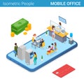 Mobile Office Banking in Smartphone Isometric Flat vector illustration concept. People working giving getting money in Mobile