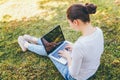 Mobile Office. Freelance business concept. Young woman sitting on green grass lawn in city park working on laptop pc computer. Royalty Free Stock Photo